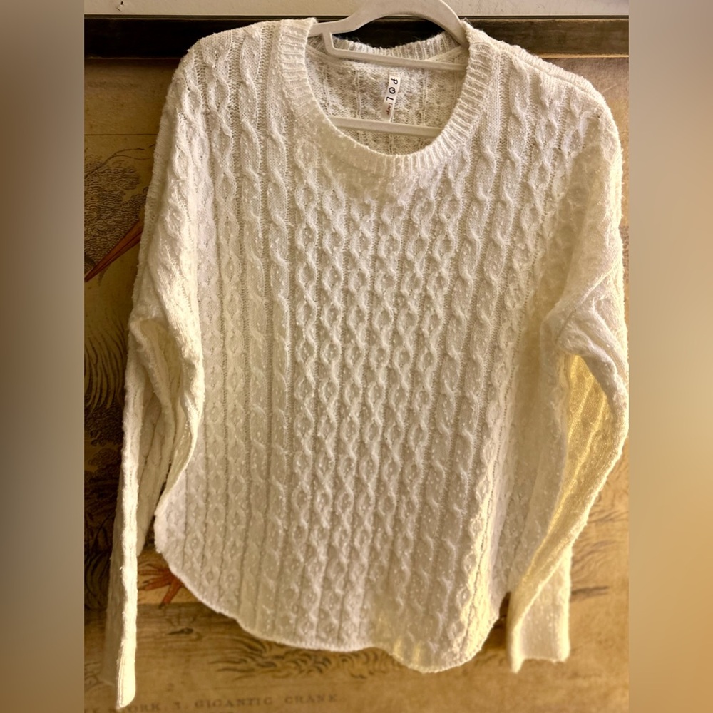 * POL Winter White Cable Knit Crew Neck Sweater Cotton Blend SZ Large *